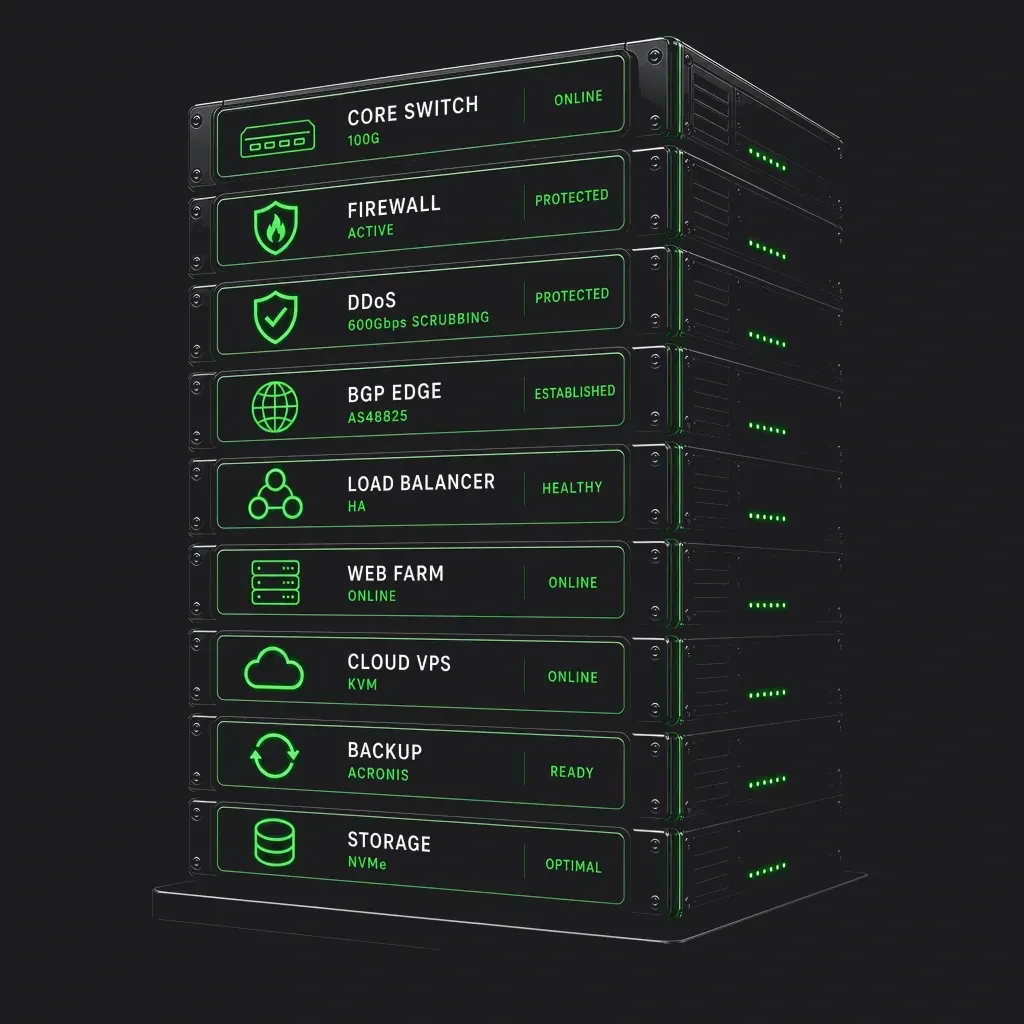 Fast2Host Cambridge server rack — core switch, firewall, 600Gbps DDoS, BGP AS48825 and hosting infrastructure
