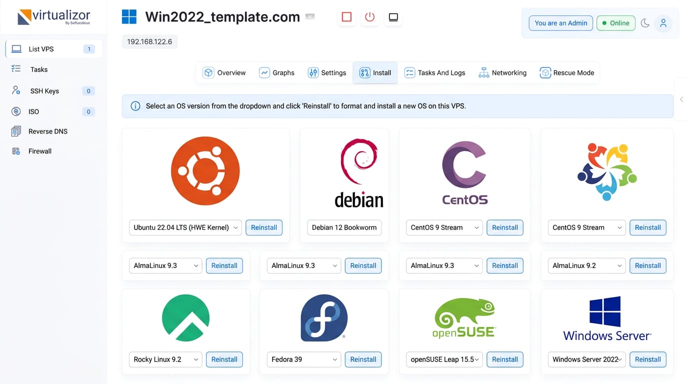 Virtualizor OS reinstall screen showing Ubuntu, Debian, CentOS, AlmaLinux, Rocky Linux, Fedora, openSUSE and Windows Server templates with reinstall buttons