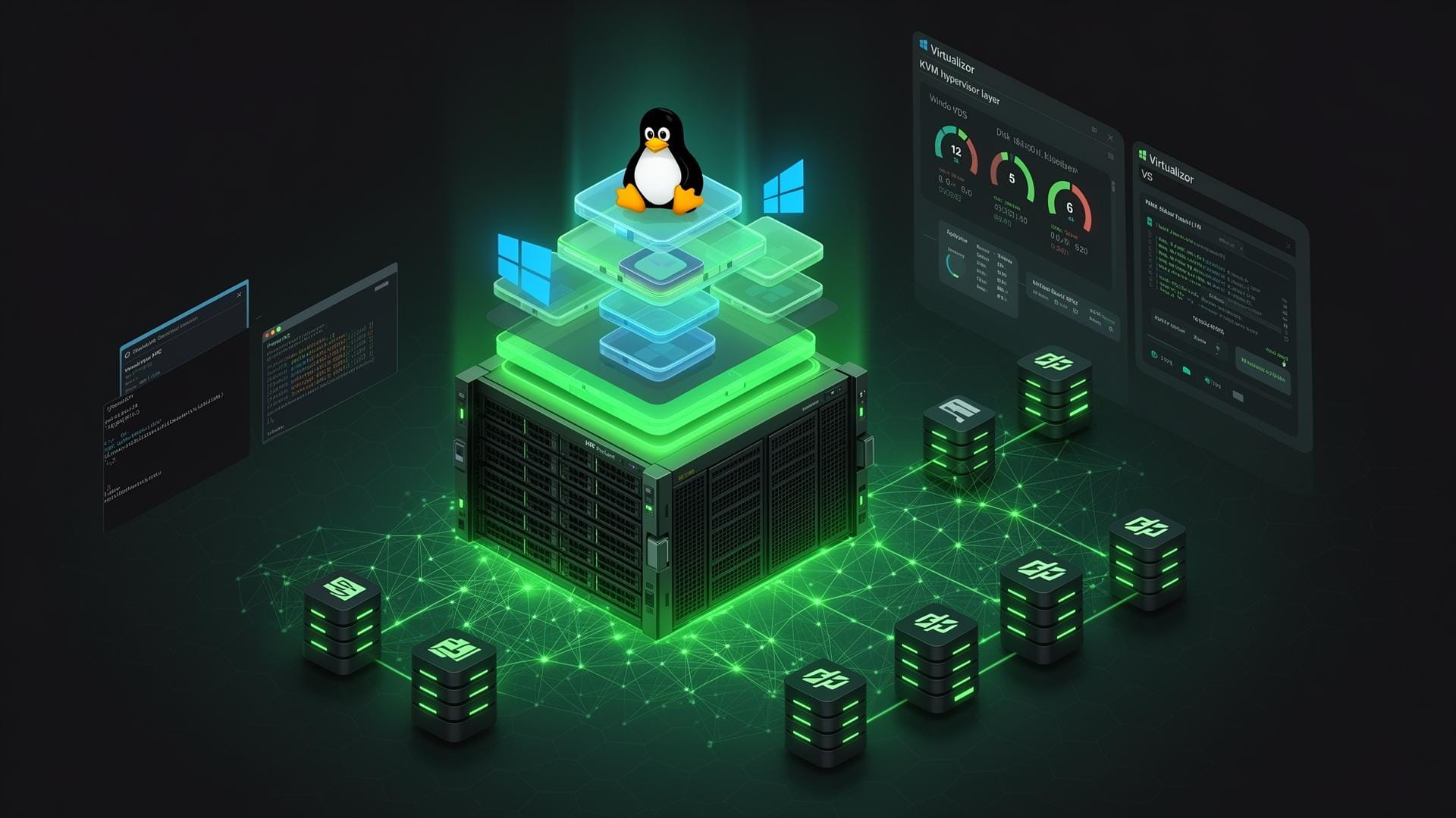 Isometric illustration of a KVM Cloud VPS — HPE rack with stacked virtual machine layers, Virtualizor control panel and a distributed storage mesh