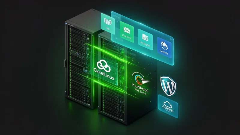 cPanel control panel dashboard floating in front of an enterprise UK server rack — Fast2Host CloudLinux + LiteSpeed hosting