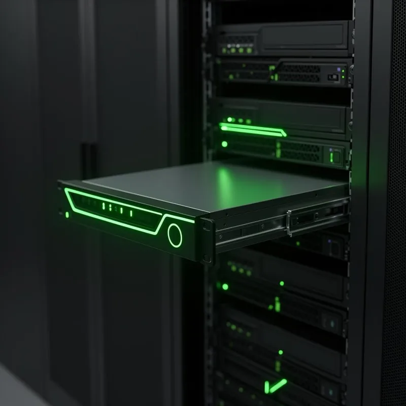 A single 1U server with green status lighting being slotted into a rack in the Fast2Host Cambridge data centre