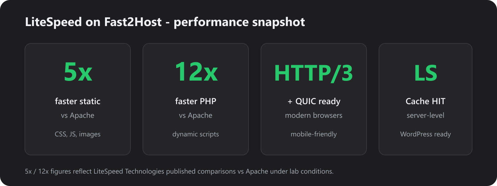 LiteSpeed performance snapshot: up to 5× static, up to 12× PHP, HTTP/3 and LSCache