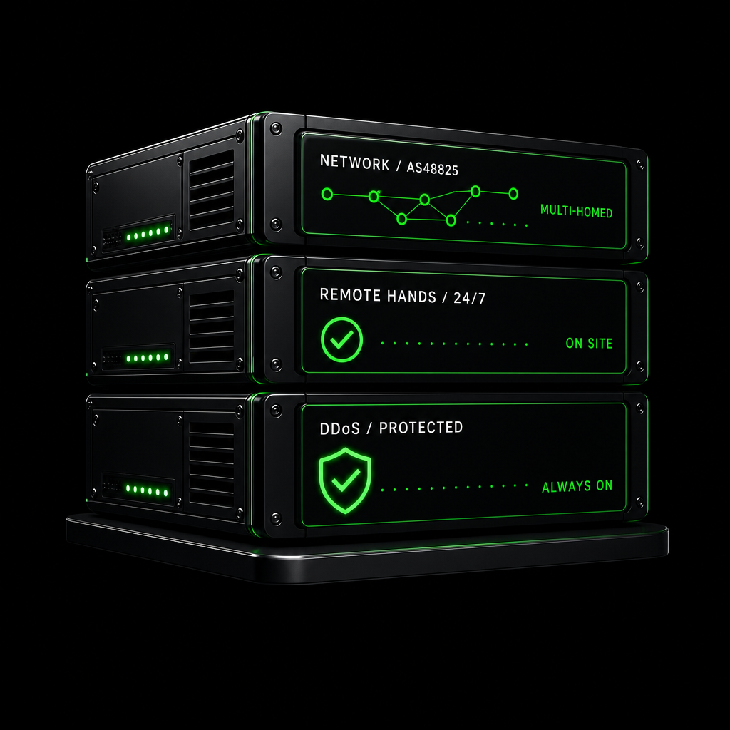 3D colo benefits stack: multi-homed network AS48825, 24/7 remote hands, always-on DDoS