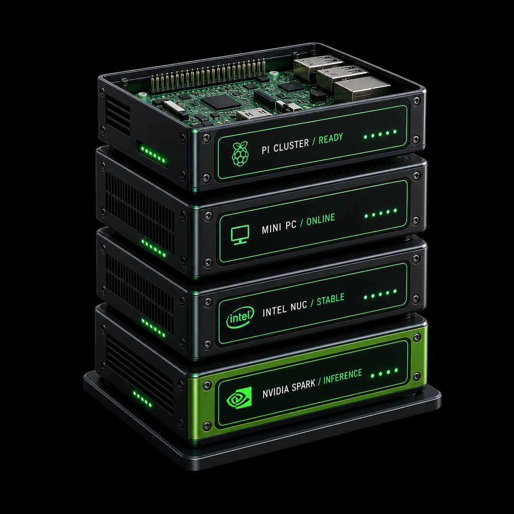 3D stack of Raspberry Pi, mini PC, Intel NUC and NVIDIA Spark colo hardware