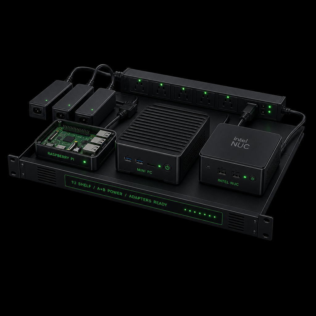 1U rack shelf with Raspberry Pi, mini PC and NUC plus PDU and power adapters