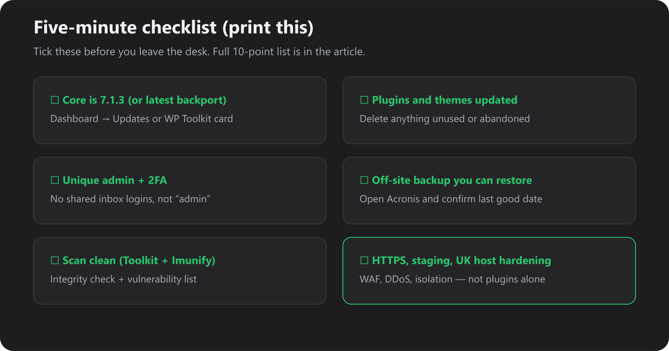 Five-minute WordPress security checklist cards